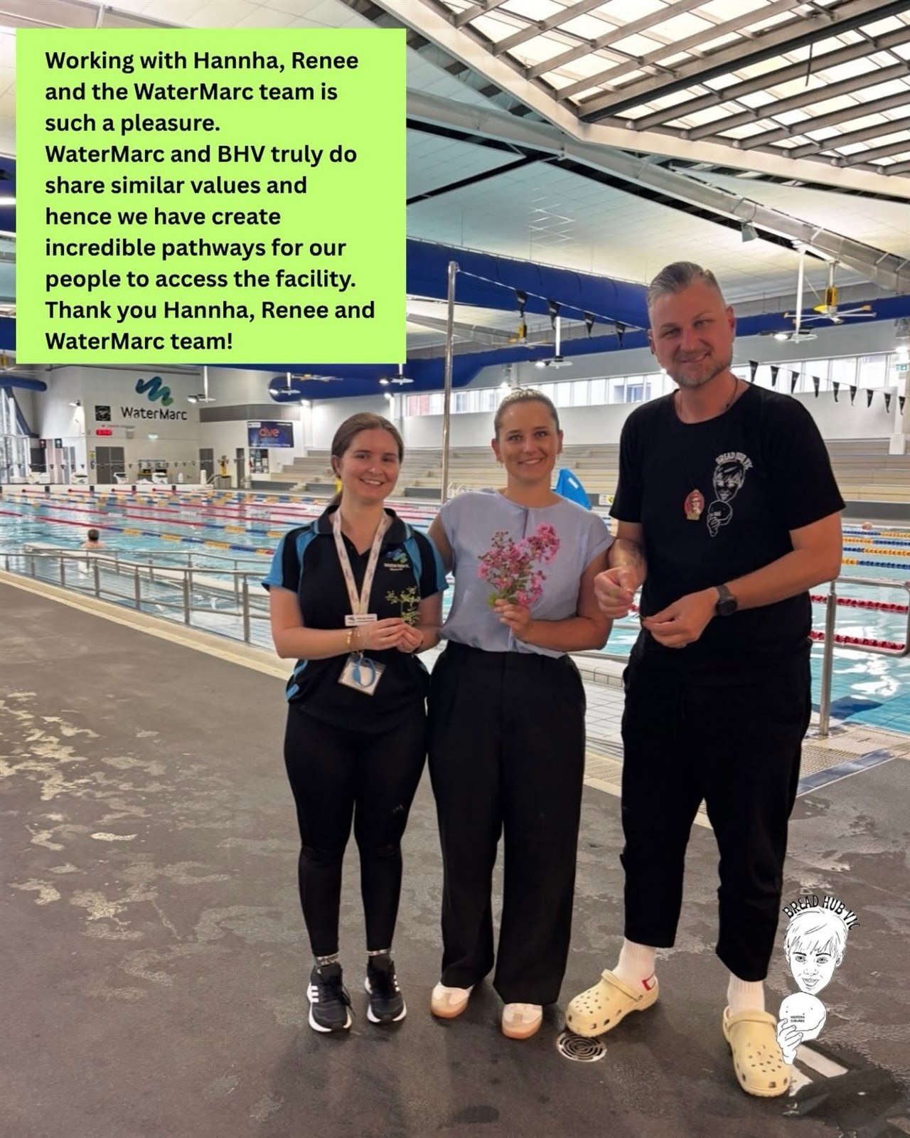 Bread Hub Victoria team members with WaterMarc staff by an indoor pool