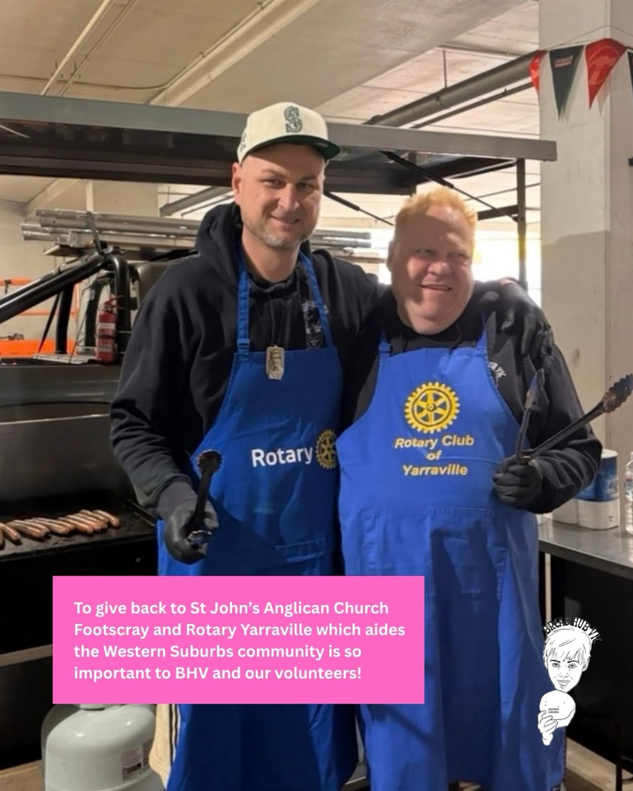 Volunteers in Rotary Yarraville aprons preparing food