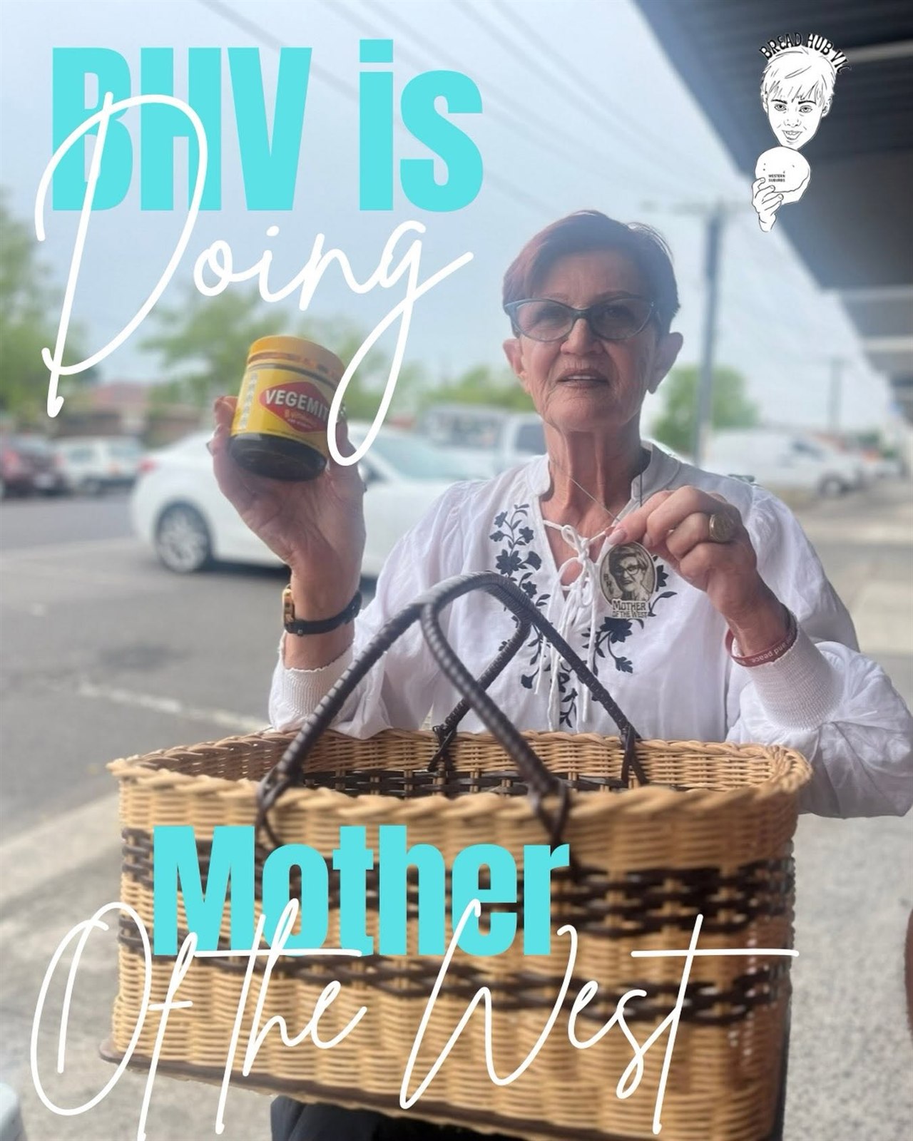 Zippy Murphy holding a jar of Vegemite and a food basket